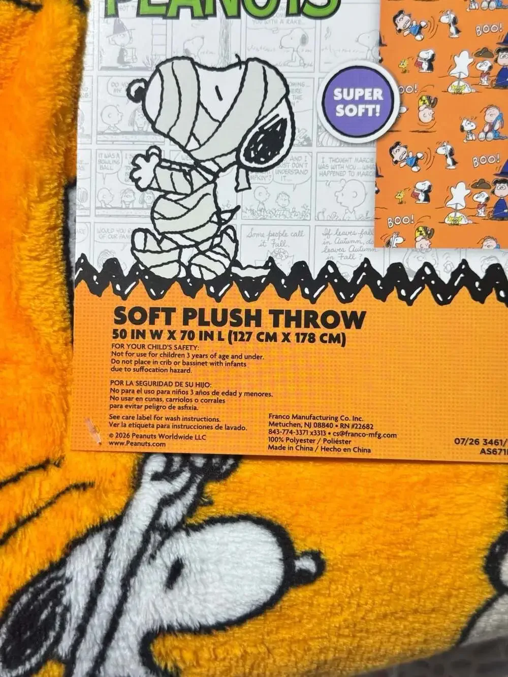 Peanuts Snoopy Halloween Soft Plush Throw Blanket 50 in W x 70 in L